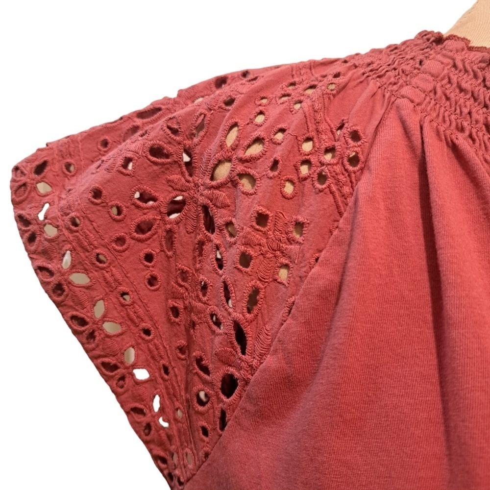 Loft Peasant Style Short Sleeve 100% Cotton Eyelet Lace Blouse Size M Brick Red - Picture 5 of 5